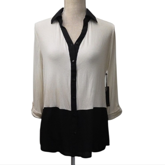 FYLO Tops - NWT FYLO Two-Tone Black and Cream Button-Down Shirt - Women